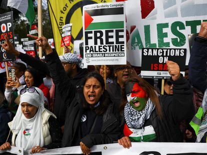 A group of demonstrators protest in solidarity with Palestinians in Gaza, amid the ongoing conflict between Israel and Hamas, in London, United Kingdom, on October 21, 2023.