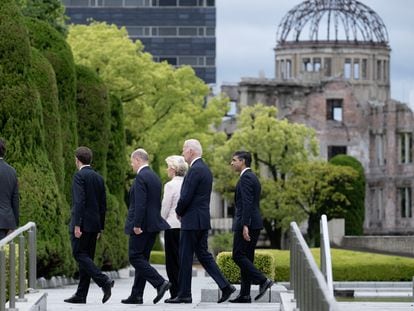 Members of the Group of Seven visit the Peace Memorial Park as part of the G7 Leaders' Summit in Hiroshima on May 19, 2023.