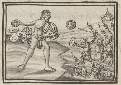 Tzilcatzin, a heroic Tlatelolcan warrior, throws stones at the invading Spaniards, from Book 12 of the Florentine Codex.