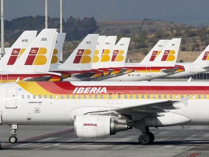 Iberia planes on the tarmac at Terminal 4 of Barajas airport in Madrid.