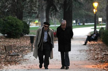 Two pensioners out for a walk in Madrid's Retiro park.