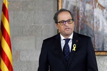 Newly appointed Catalan premier Quim Torra delivers a speech during his official swearing-in ceremony.