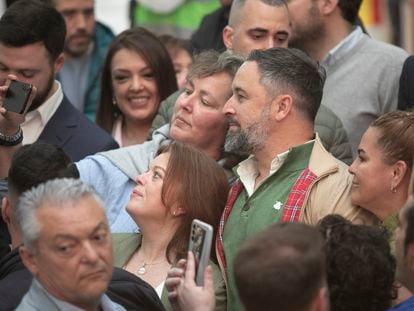 Vox leader Santiago Abascal with supporters at a pre-election rally in Oviedo on April 15.