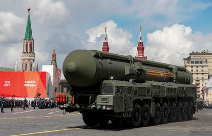 A Russian Yars intercontinental ballistic missile launcher rolls through the Red Square during the Victory Day military parade in Moscow.