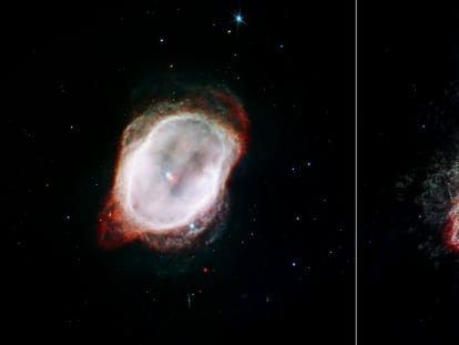 Two views of the nebula: the left one highlights the hot gas around the central star; the right one stresses the star's disperse molecular flows.