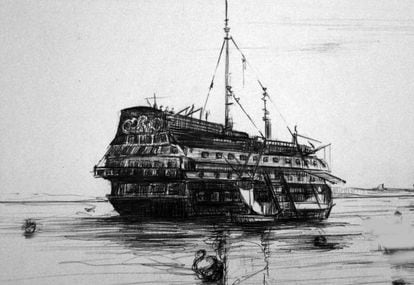 A drawing of one of the nine prison ships by Adolfo Valderas.