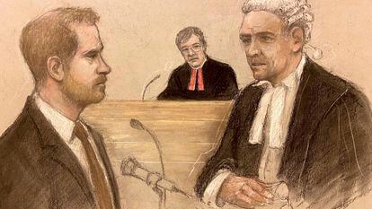Court artist sketch by Elizabeth Cook Britain's Prince Harry being cross-examined by Andrew Green KC, as he gives evidence at the Rolls Buildings in central London, June 6, 2023.