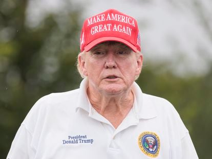 Former US President Donald J. Trump participates in a Pro-Am tournament leading up to the upcoming LIVGolf tournament at Trump National Golf Club Bedminster in Bedminster, New Jersey, USA, 10 August 2023.