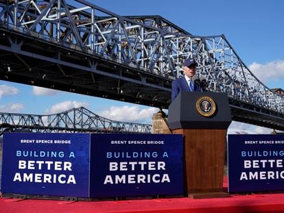 President Joe Biden speaks about his infrastructure agenda under the Clay Wade Bailey Bridge, on January 4, 2023, in Covington, Kentucky.