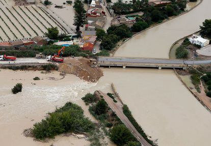 Aerial view of the city of Almoradí in Alicante province showing where the Segura river burst the dam.