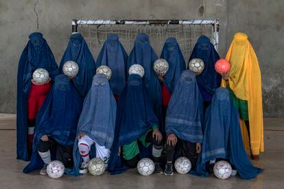 An Afghan women's soccer team poses in Kabul.
