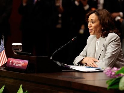 U.S. Vice President Kamala Harris delivers her remarks during the plenary session of the ASEAN-U.S. Summit in Jakarta, Indonesia, September 6, 2023.