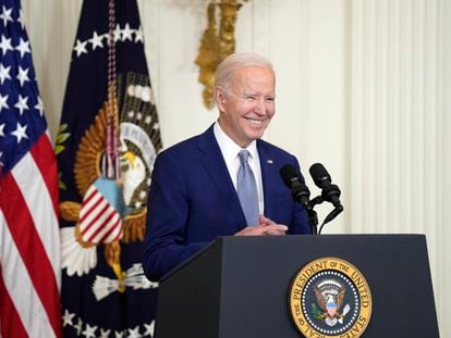 President Joe Biden speaks before presenting the 2021 National Humanities Medals and the 2021 National Medal of Arts at the White House, on March 21, 2023.