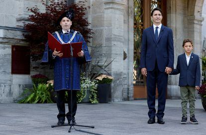 Prime Minister of Canada Justin Trudeau and his son Hadrien at Rideau Hall in Ottawa, Canada, during the ceremony proclaiming King Charles III’s ascension on Saturday. 