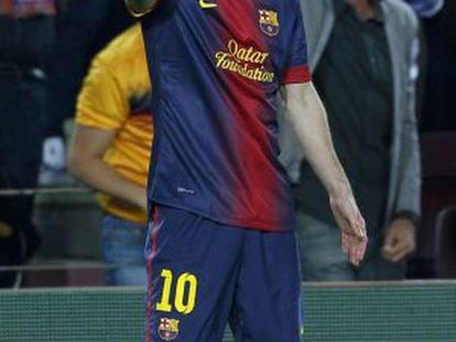 Barcelona&#039;s Lionel Messi celebrates a goal against Real Betis during their match at Camp Nou stadium on Sunday.