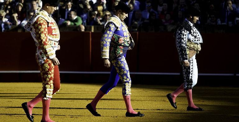 Alejandro Talavante, José María Manzanares and Morante de la Puebla during a bullfight on Easter Sunday in Seville.