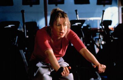 Bridget Jones on the stationary bike. Her obsession with weight has been one of her most criticized aspects.