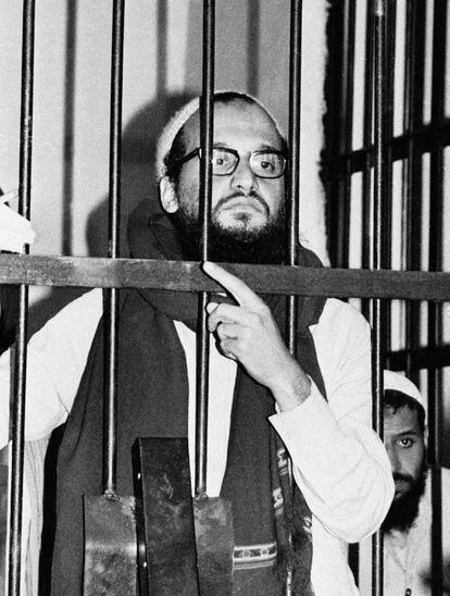 Ayman al Zawahiri behind bars, in Egypt in 1982, accused of masterminding the assassination of President Anwar Sadat in 1981.