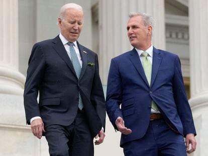 President Joe Biden talks with House Speaker Kevin McCarthy of California, on March 17, 2023.