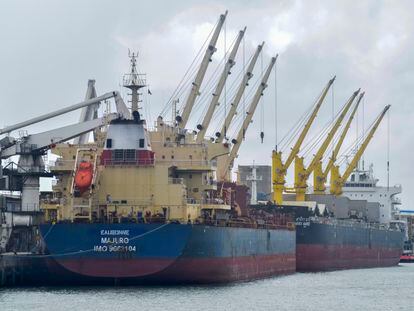 The Eaubonne bulk carrier ship docks in the port of Mombasa, Kenya Saturday, Nov. 26, 2022.