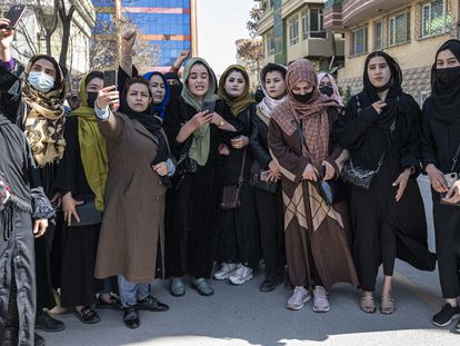 A group of Afghan women protesting on Women’s Day on March 8 in Kabul.