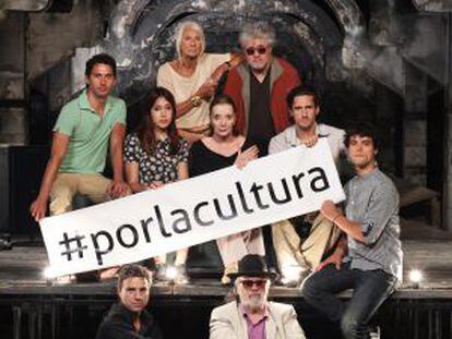 Director Pedro Almodóvar (top right) poses with other Spanish stars in protest against VAT hikes.