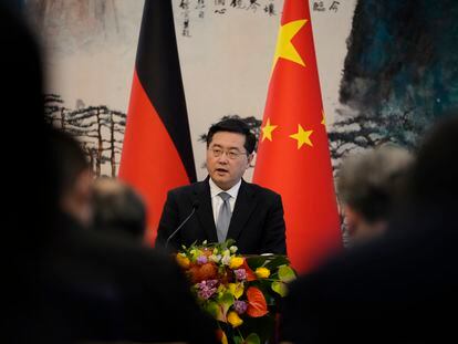 Chinese Foreign Minister Qin Gang speaks during a joint press conference with German Foreign Minister Annalena Baerbock at the Diaoyutai State Guesthouse in Beijing, on April 14, 2023.