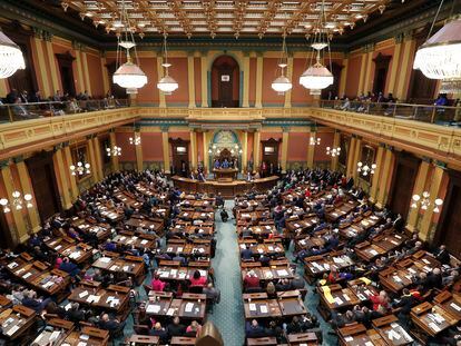 Michigan Gov. Gretchen Whitmer delivers her State of the State address to a joint session of the House and Senate, Wednesday, Jan. 25, 2023.