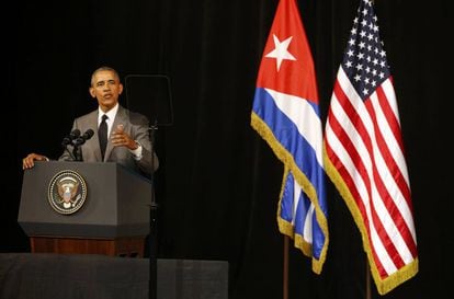 US President Barack Obama addresses the Cuban people at Havana's Grand Theater.