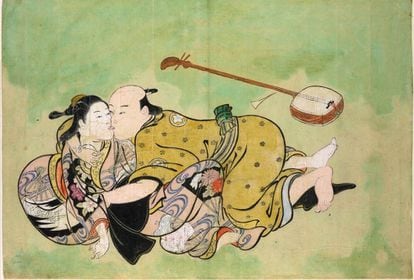 A 'shunga' depiction of a man and a Geisha by Nishikawa Sukenobu (1671-1750). 