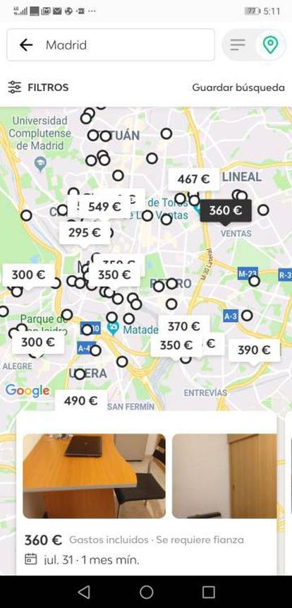 Adverts for rooms in Madrid on the Badi app.