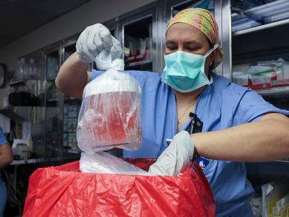 Melissa Mattola-Kiatos, RN, Nursing Practice Specialist, removes the pig kidney from its box to prepare for transplantation at Massachusetts General Hospital, Saturday, March 16, 2024, in Boston, Mass.