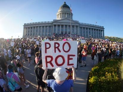 Pro-abortion rights protesters at the Utah State Capitol in June 2022.