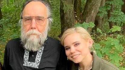 Daria Dugina and her father, Alexander Dugin, at the Tradition festival on Saturday. 