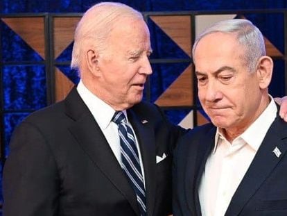 U.S. President Joseph Biden hugs Israeli Prime Minister Benjamin Netanyahu during his visit to Tel Aviv in October last year.