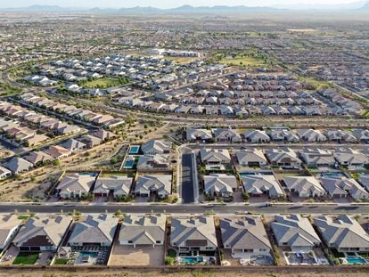 An aerial view of homes in the Phoenix suburbs on June 9, 2023, in Queen Creek, Arizona.