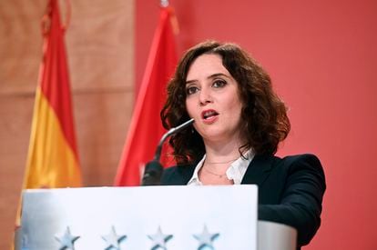 Madrid premier Isabel Díaz Ayuso at a press conference on Wednesday.