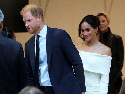 Britain's Prince Harry, Duke of Sussex and his wife Meghan, Duchess of Sussex attend a panel held during Project Healthy Minds' second annual World Mental Health Day Festival and The Archewell Foundation Parents' Summit: Mental Wellness in the Digital Age in New York City, U.S., October 10, 2023.