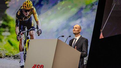 Amaury Sport Organisation President Jean-Etienne Amaury speaks during the presentation of the Tour de France 2024 in Paris, France, October 25, 2023.