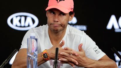 In this Jan. 23, 2018, file photo, Spain's Rafael Nadal answers questions at a press conference after retiring injured from his quarterfinal against Croatia's Marin Cilic at the Australian Open tennis championships in Melbourne, Australia.