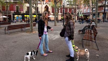 Two young people walk their dogs in Barcelona's Horta neighborhood.