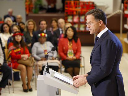 Dutch Prime Minister Mark Rutte delivers a speech apologizing on behalf of the government for the country's slave-owning past, at the National Archives in The Hague, on December 19, 2022.