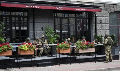 Wagner troops rest in a cafe in Rostov on Saturday.