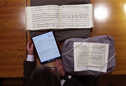 Álvaro Torrente, director of the Complutense Institute of Musical Sciences, analyzes musical scores at the National Library of Spain in Madrid.
