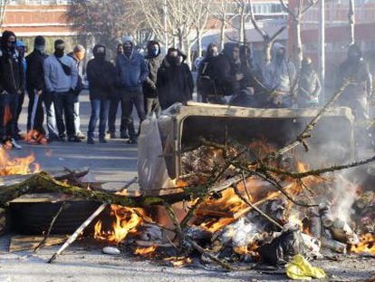 A burning barricade at Madrid's Complutense University.