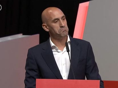 Luis Rubiales during his address at the RFEF assembly on Friday.