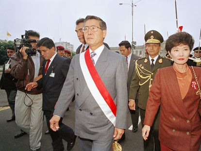 Former Peruvian President Alberto Fujimori and former First Lady Susana Higuchi during Independence Day celebration in July 1994.
