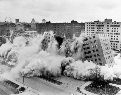 Dynamite brings down some of Pruitt-Igoe in April 1972 in St. Louis. Demolition of the 33-building complex had begun two months before.