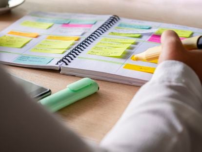 Close-up of an agenda with 'post-it' notes and colored notes. Organization, productivity and stationery products have found a perfect showcase on social networks.