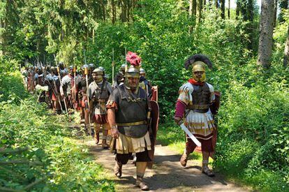 Roman soldiers in Germania in a historical reenactment.